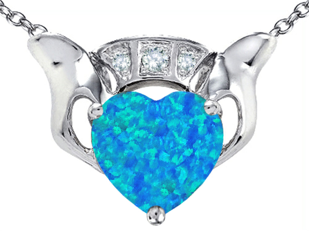 Star K 8mm Heart Claddagh Pendant Necklace Heart Shape Blue Created Opal and Cubic Zirconia