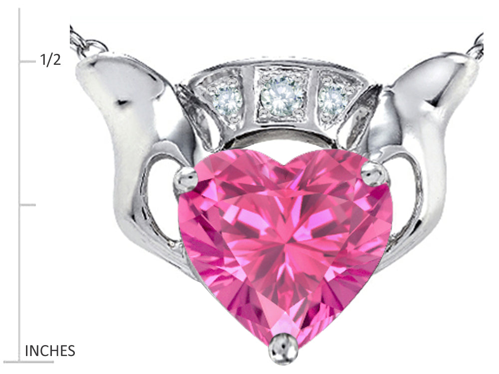 Star K 8mm Heart Claddagh Pendant Necklace With Created Pink Sapphire