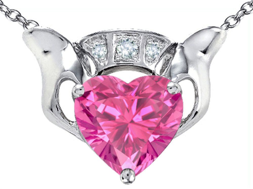 Star K 8mm Heart Claddagh Pendant Necklace With Created Pink Sapphire