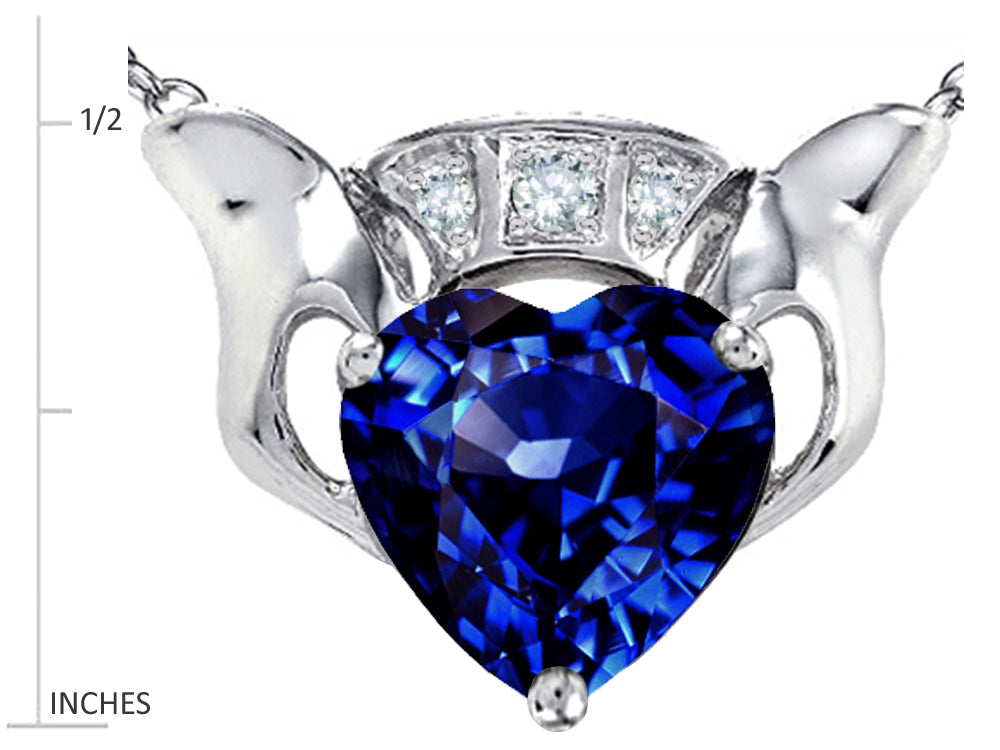 Star K 8mm Heart Claddagh Pendant Necklace With Created Sapphire