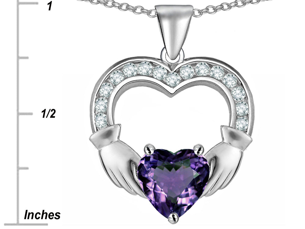 Star K Hands Holding 8mm Heart 1 inch Claddagh Pendant Necklace With Simulated Alexandrite