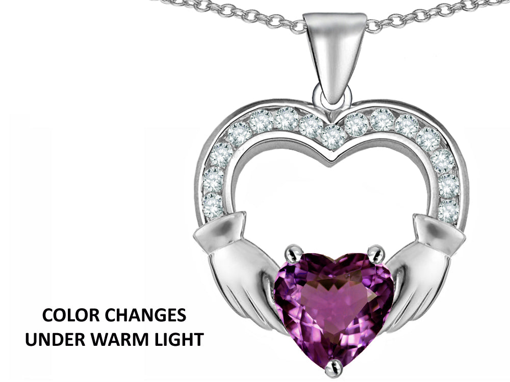 Star K Hands Holding 8mm Heart 1 inch Claddagh Pendant Necklace With Simulated Alexandrite