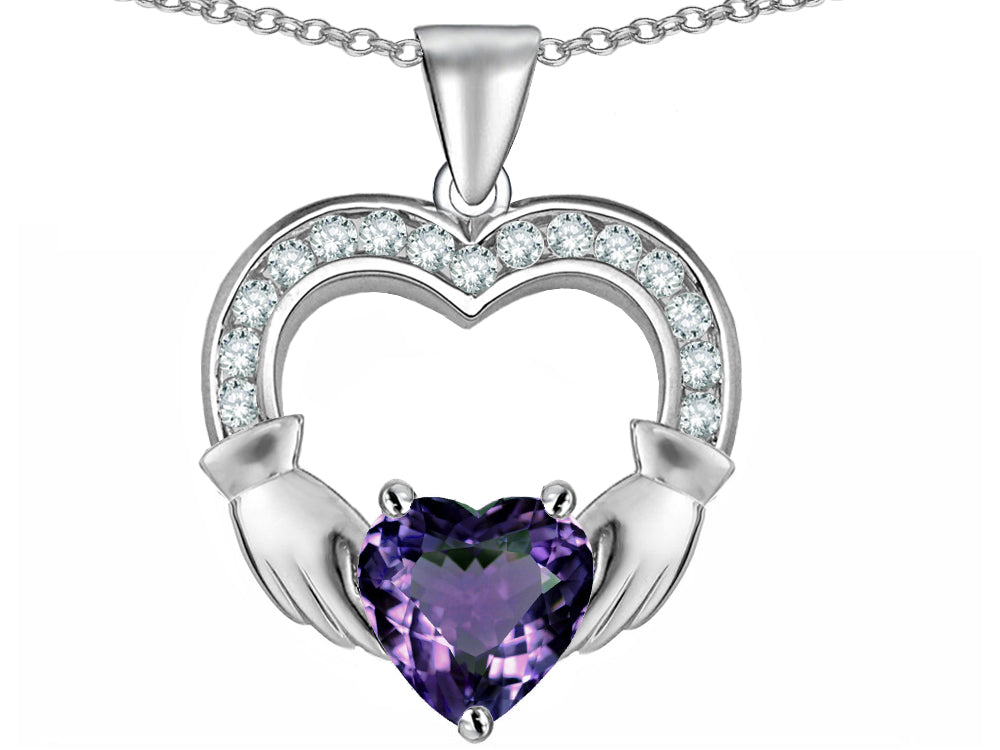 Star K Hands Holding 8mm Heart 1 inch Claddagh Pendant Necklace With Simulated Alexandrite