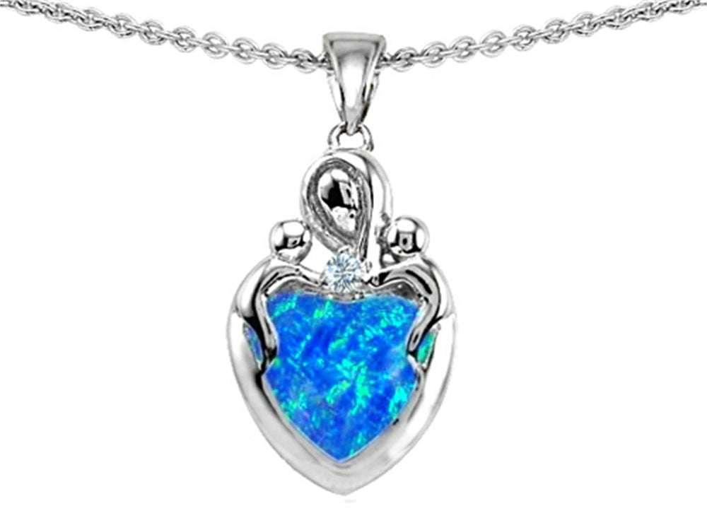 Star K Loving Mother Twin Children Pendant Necklace With Heart Shape 8mm Blue Created Opal