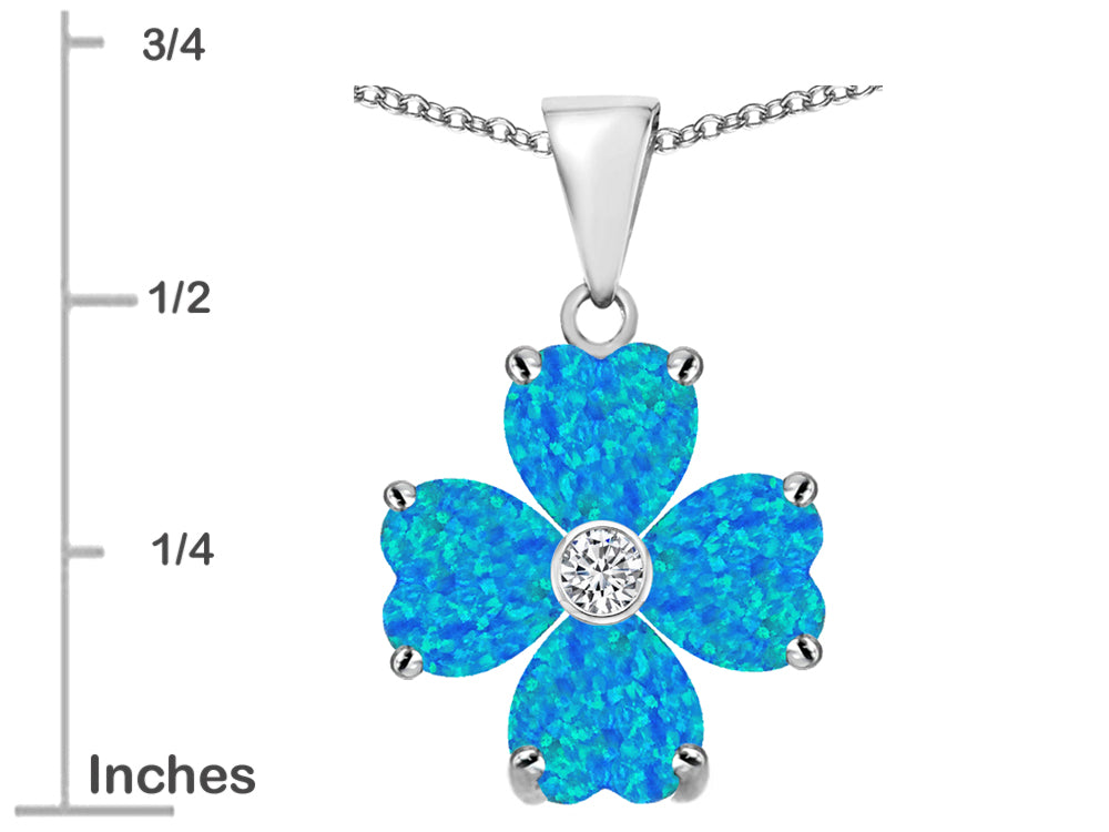 Star K 6mm Heart Shape Blue Created Opal and Cubic Zirconia Lucky Clover Pendant Necklace