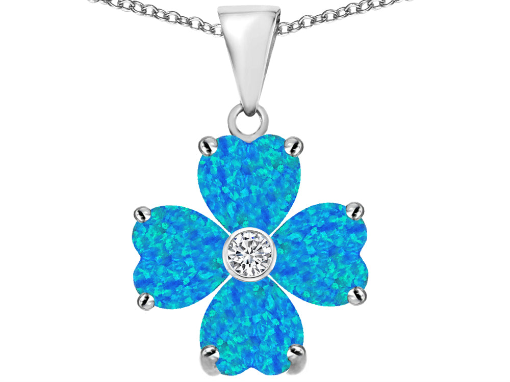 Star K 6mm Heart Shape Blue Created Opal and Cubic Zirconia Lucky Clover Pendant Necklace