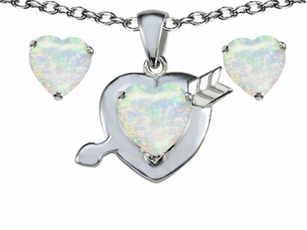 Star K Heart Shape 7mm Created Opal Heart with Arrow Pendant Necklace with matching earrings