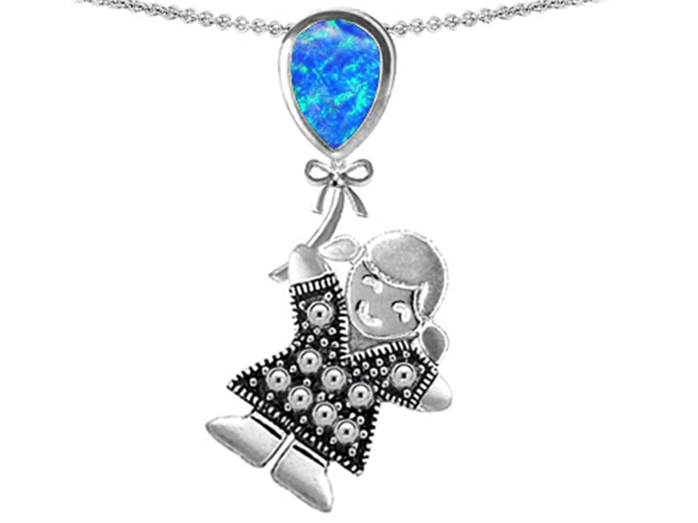 Star K Girl Holding a Balloon Mother Birth Month Pear Shape Blue Created Opal Pendant Necklace