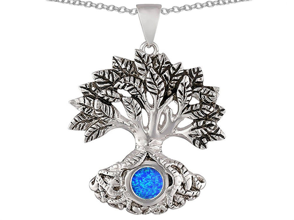 Star K Tree Of Life Good Luck Pendant Necklace With 7mm Round Blue Created Opal