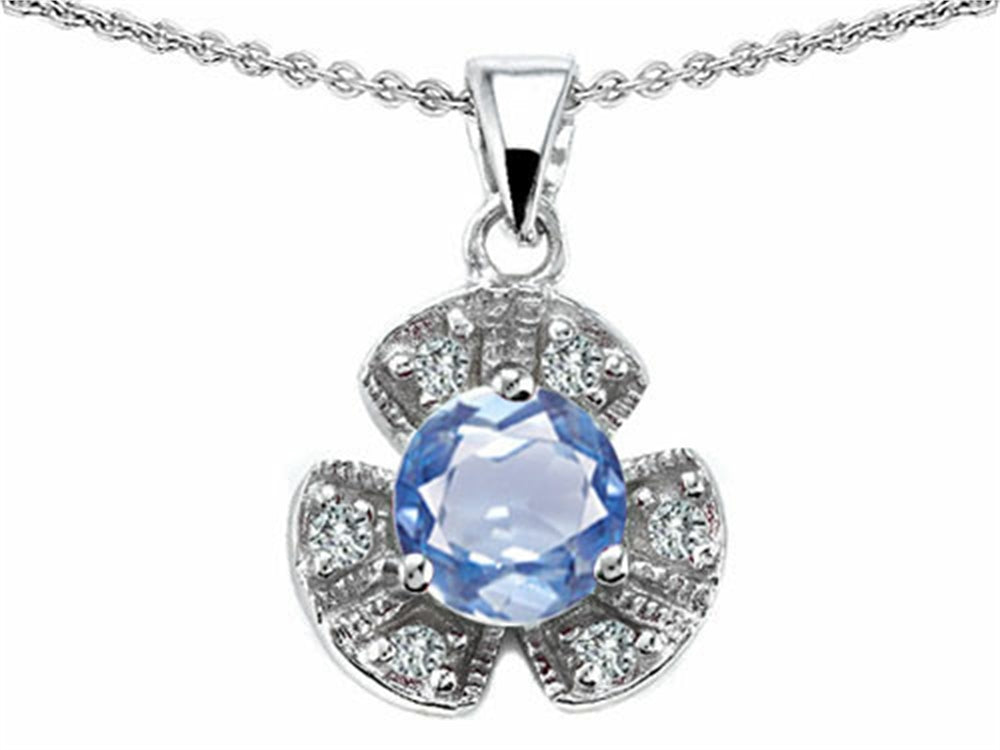 Star K Flower Pendant Necklace With Round 6mm Simulated Aquamarine