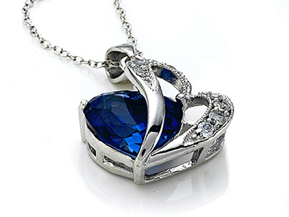 Star K Large 12mm Created Blue Sapphire Double Heart Pendant Necklace in Sterling Silver with Chain