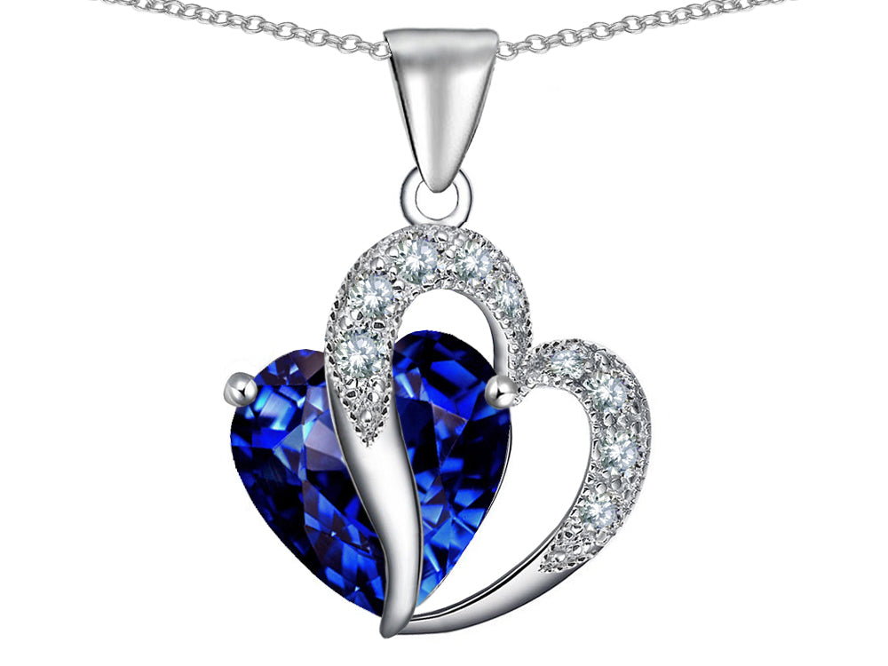 Star K Large 12mm Created Blue Sapphire Double Heart Pendant Necklace in Sterling Silver with Chain