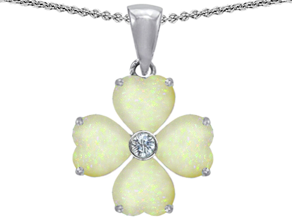 Star K 6mm Heart Shape Created Opal Lucky Clover Pendant Necklace