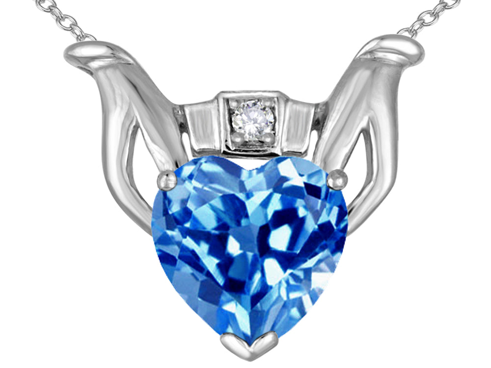 Star K Claddagh Love Pendant Necklace With Genuine Blue Topaz