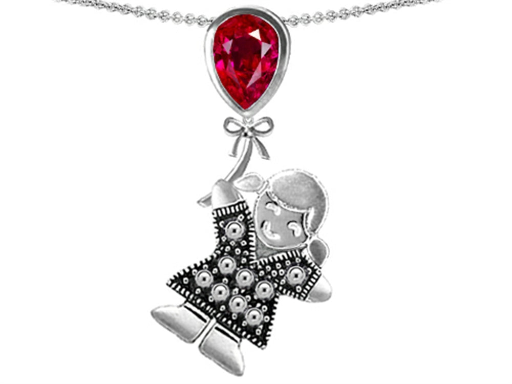 Star K Girl Holding a Balloon Mother July Birth Month Pear Shape Created Ruby Pendant Necklace