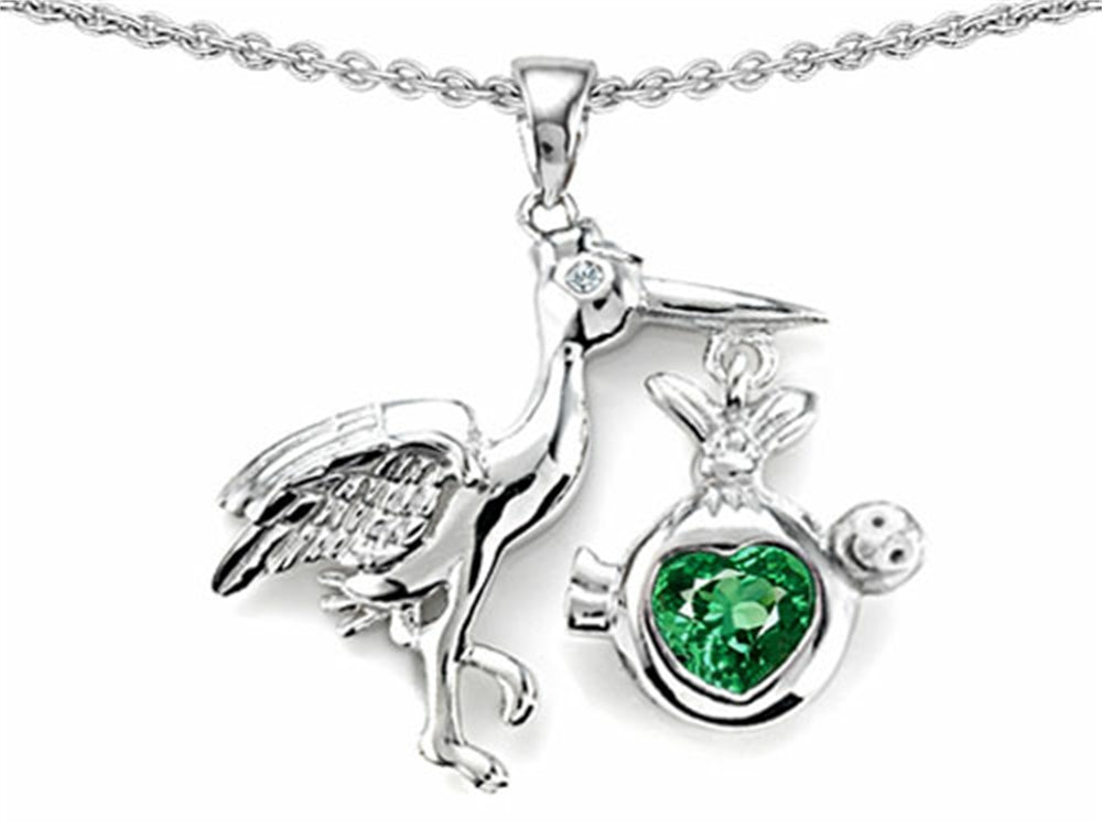 Star K Baby Stork Mother Pendant Necklace with Heart Shape 8mm Simulated Emerald