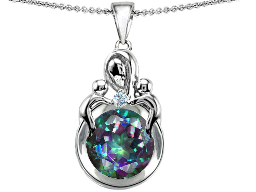 Star K Large Loving Mother With Twins Children Pendant Necklace With 10mm Round Mystic Topaz