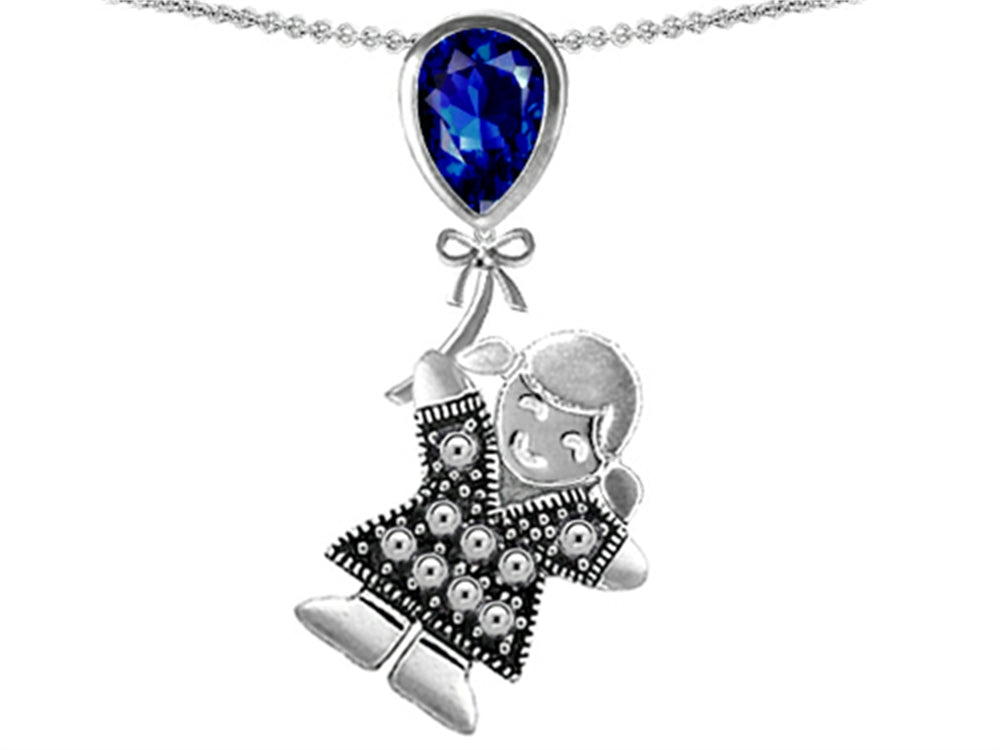 Star K Girl Holding a Balloon Mother September Birth Month Pear Shape Created Sapphire Pendant Necklace