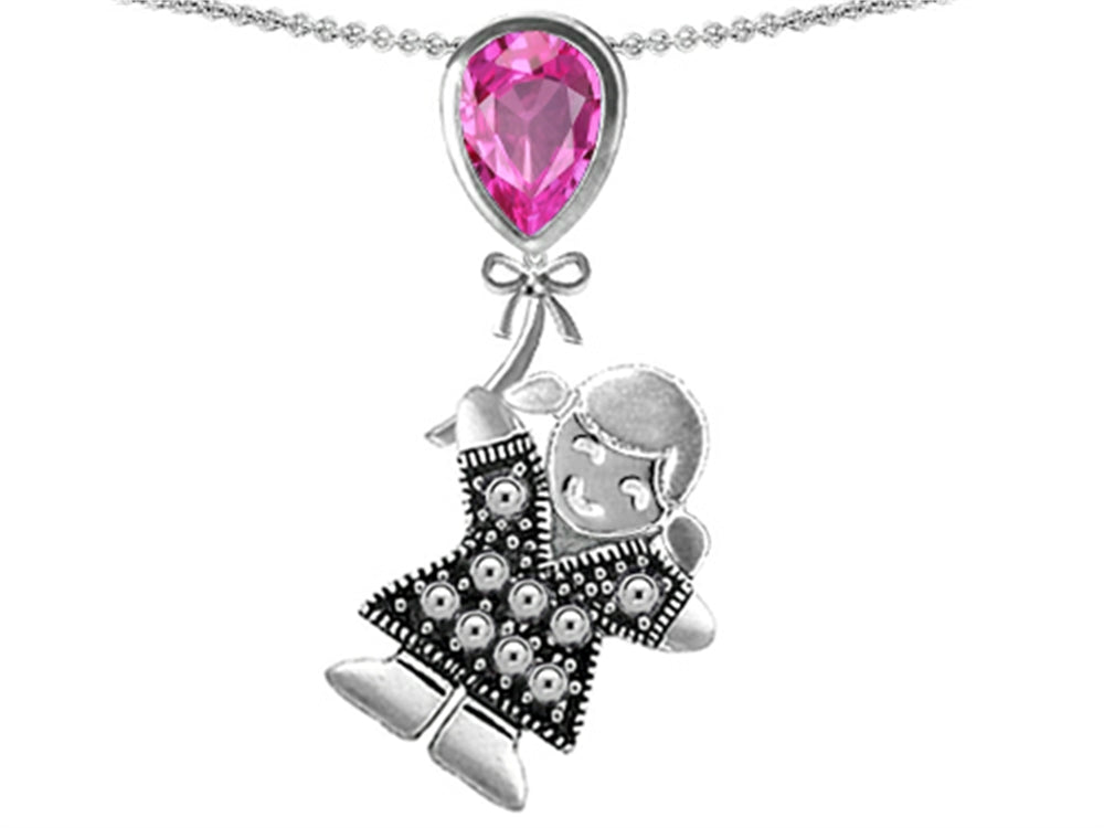 Star K Girl Holding a Balloon September Birth Month Pear Shape Created Pink Sapphire Pendant Necklace