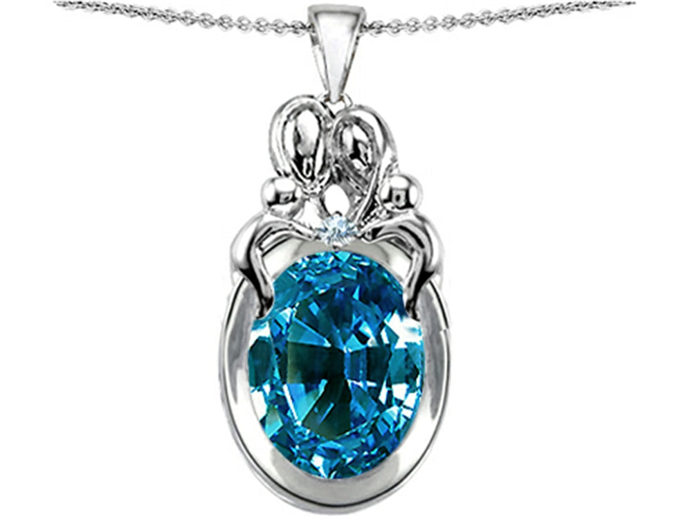 Star K Large Loving Mother Twin Family Pendant Necklace With Oval 11x9mm Simulated Blue Topaz