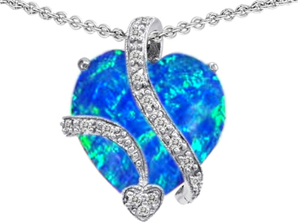 Star K Large 15mm Heart Shape Blue Simulated Opal Love Pendant Necklace
