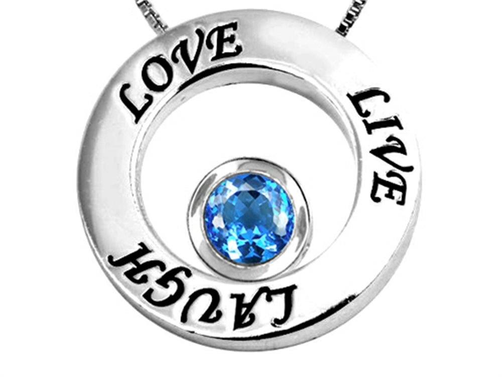 Star K Live/Love/Laugh Circle of Life Pendant Necklace with December Birth Month Round 7mm Simulated Blue Topaz