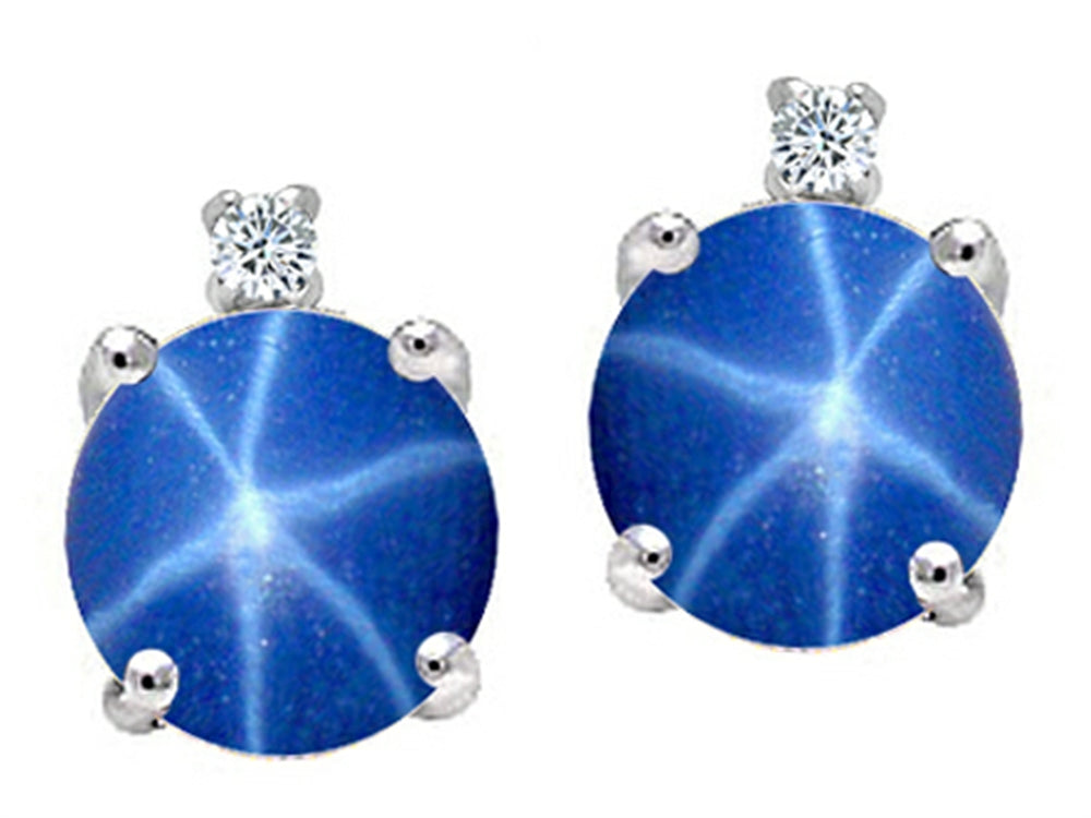 Tommaso Design Round Created Star Sapphire and Genuine Diamond Earrings Studs