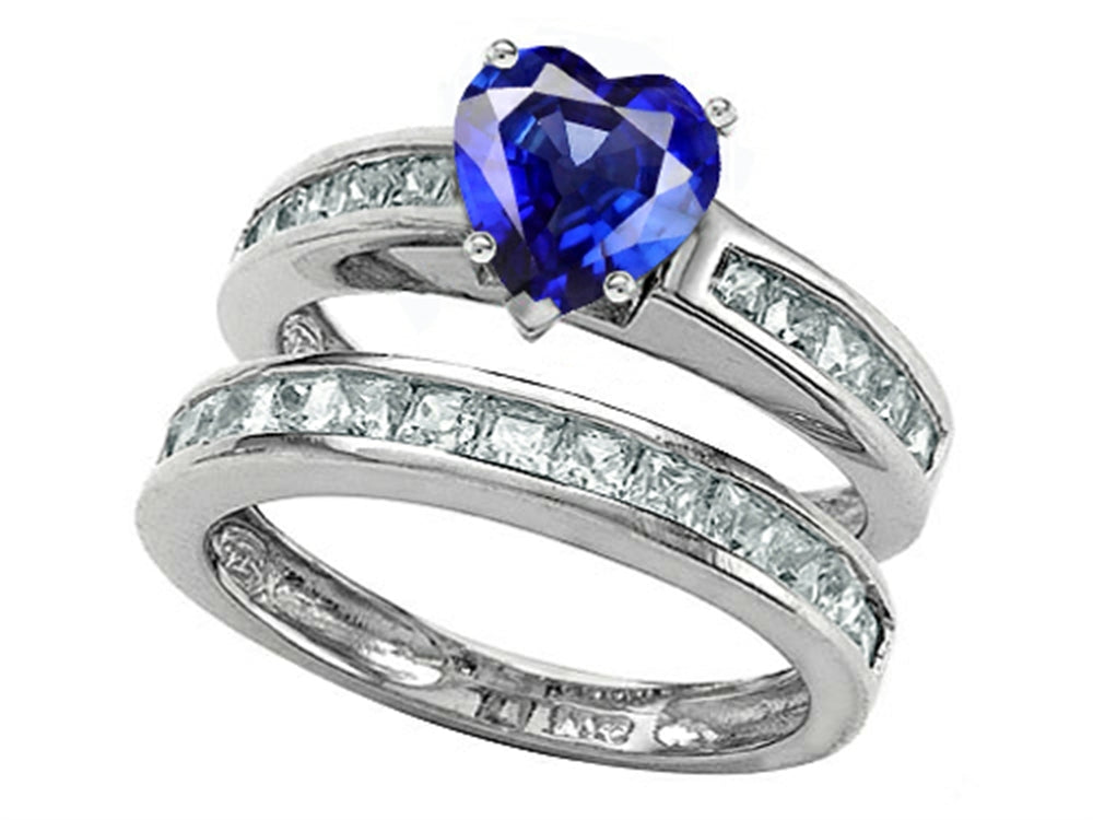 Star K Heart Shape Created Sapphire Wedding Set