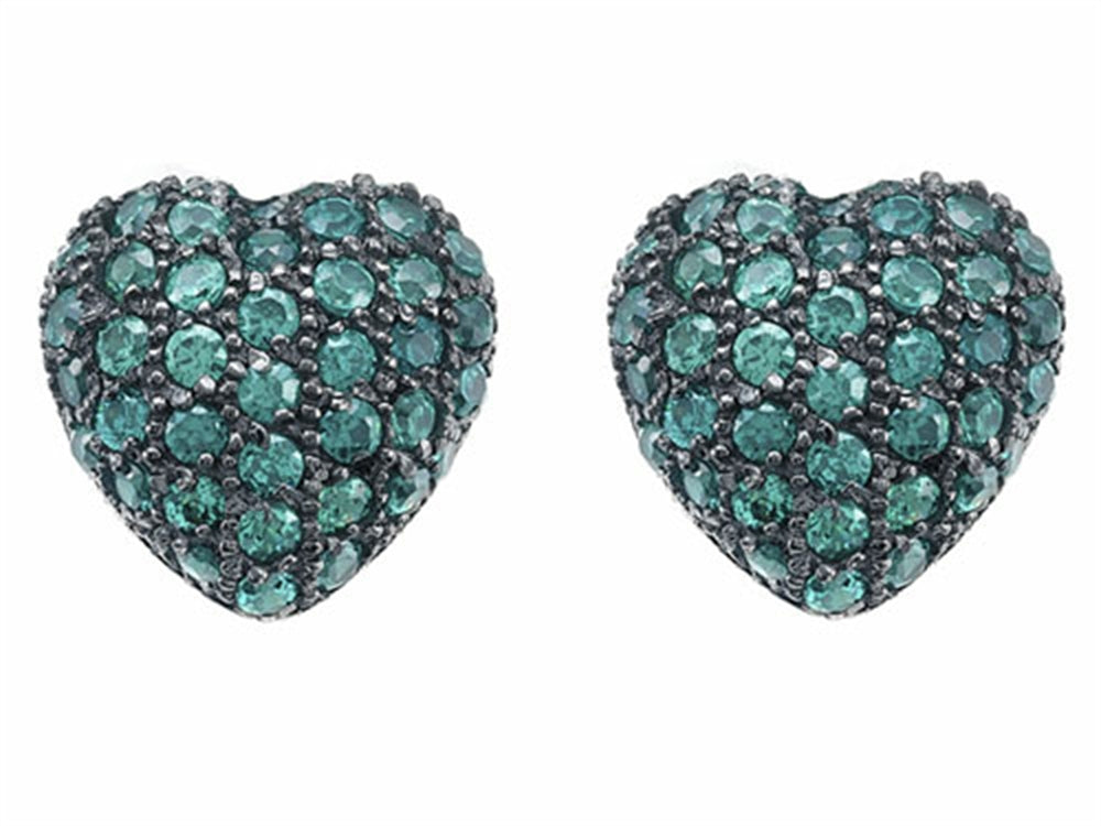 Star K Small Puffed Heart Love Earrings with Simulated Emerald