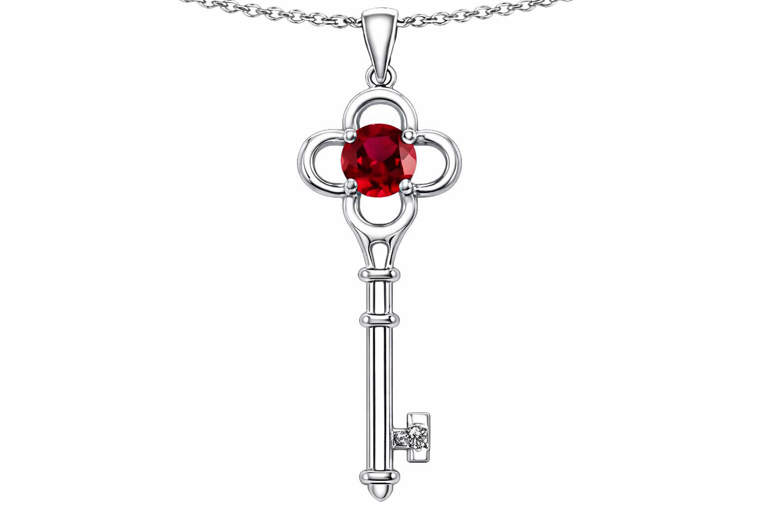 Star K Key to my Heart Clover Key Pendant Necklace with Round Created Ruby