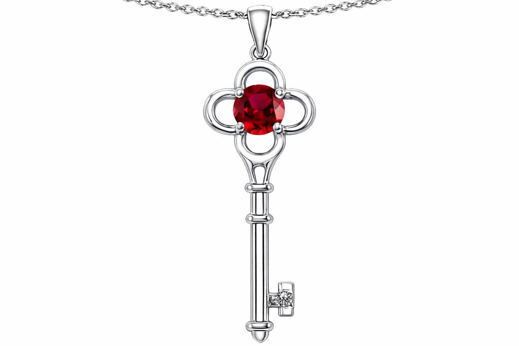 Star K Key to my Heart Clover Key Pendant Necklace with Round Created Ruby