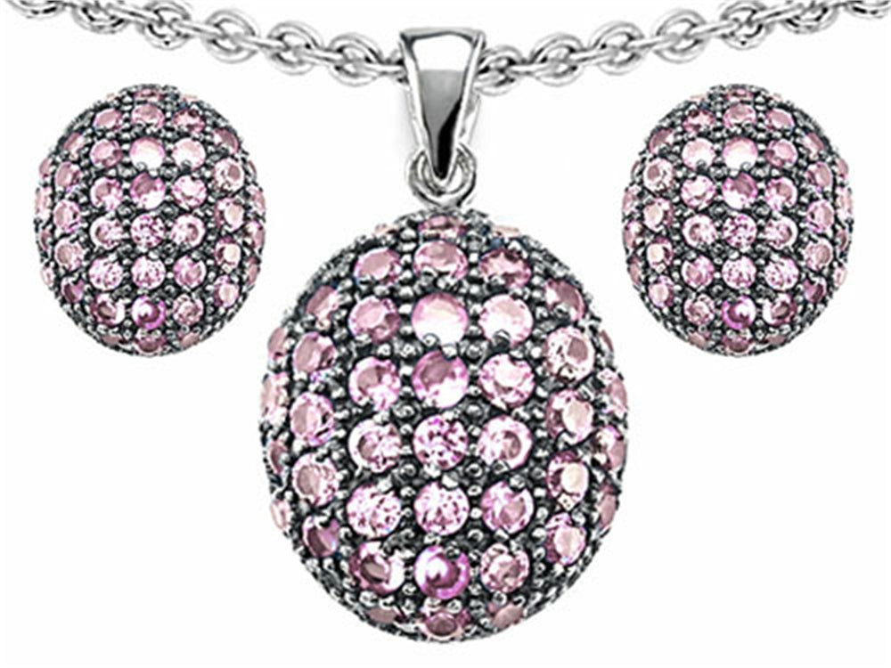 Star K Created Pink Sapphire Oval Puffed Pendant Necklace with matching earrings