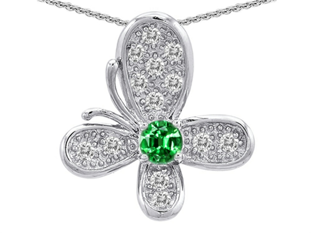 Star K Butterfly Pendant Necklace With Round Simulated Emerald