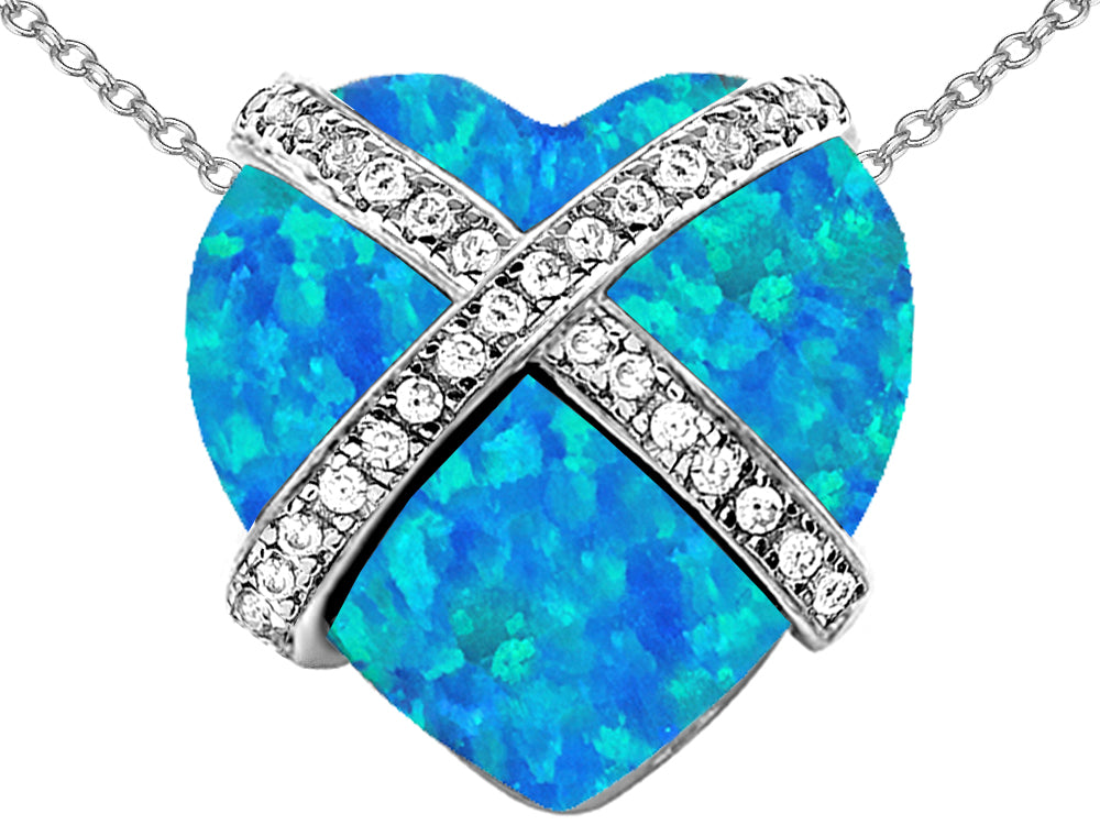Star K Large Prisoner of Love Heart Pendant Necklace Heart Shape Blue Created Opal and Cubic Zirconia