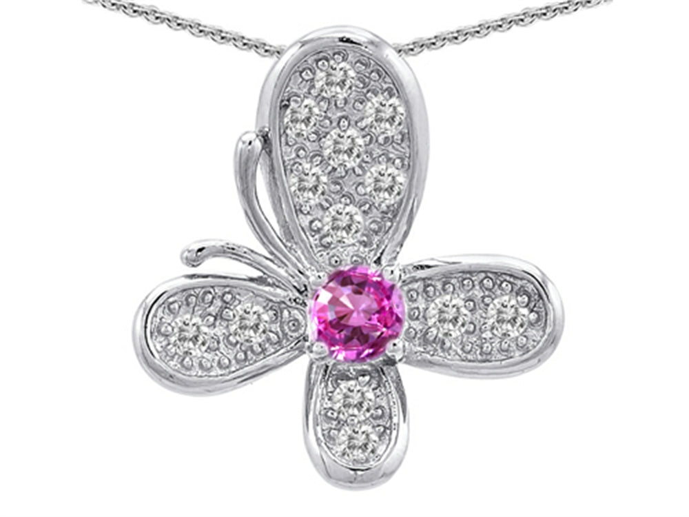 Star K Butterfly Pendant Necklace With Round Created Pink Sapphire