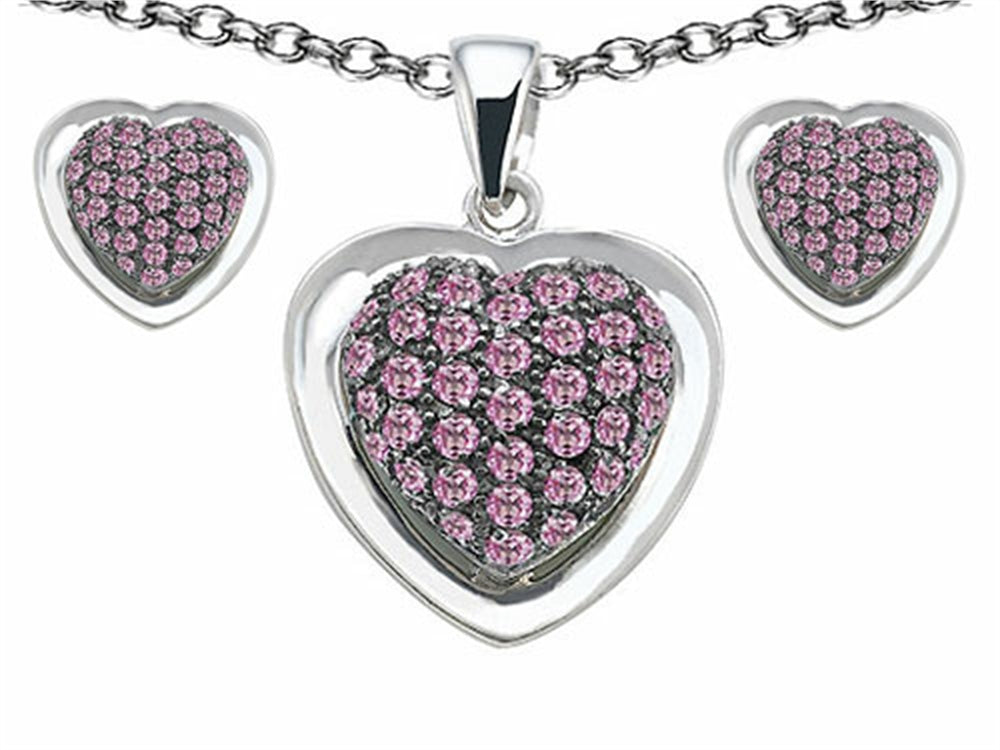 Star K Created Pink Sapphire Heart Shape Love Pendant Necklace with matching earrings