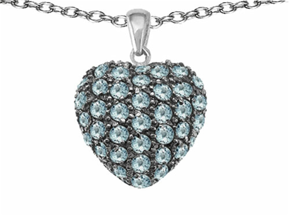 Star K Puffed Heart Love Pendant Necklace with Simulated Aquamarine