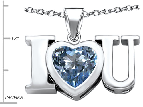 Star K 8mm Heart Shape Simulated Aquamarine I Love You Heart Pendant Necklace
