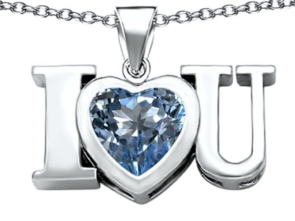 Star K 8mm Heart Shape Simulated Aquamarine I Love You Heart Pendant Necklace