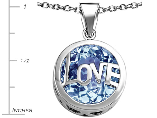 Star K Large Love Round Pendant Necklace with 15mm Round Simulated Aquamarine