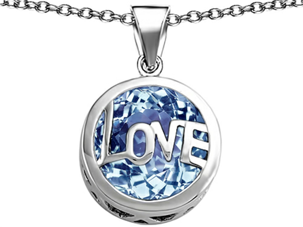 Star K Large Love Round Pendant Necklace with 15mm Round Simulated Aquamarine