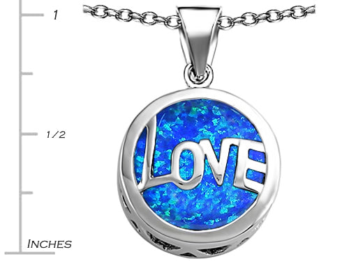 Star K Large Love Round Pendant Necklace with 15mm Round Blue Created Opal