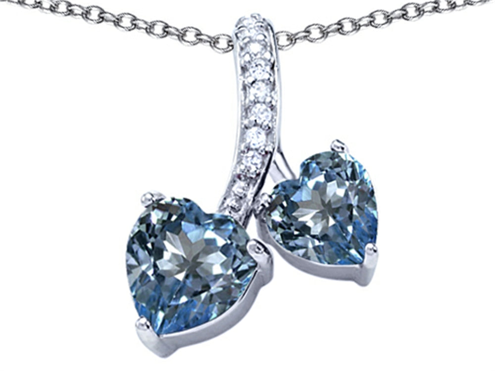Star K 8mm and 7mm Heart Shape Simulated Aquamarine Double Hearts Pendant Necklace