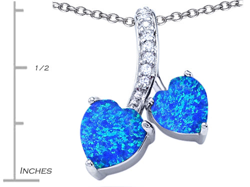 Star K 8mm and 7mm Heart Shape Blue Created Opal and Cubic Zirconia Double Hearts Pendant Necklace