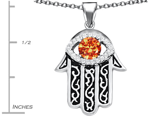 Star K Good Luck Hamsa Evil Eye Protection Pendant Necklace with Round Simulated Mexican Fire Opal