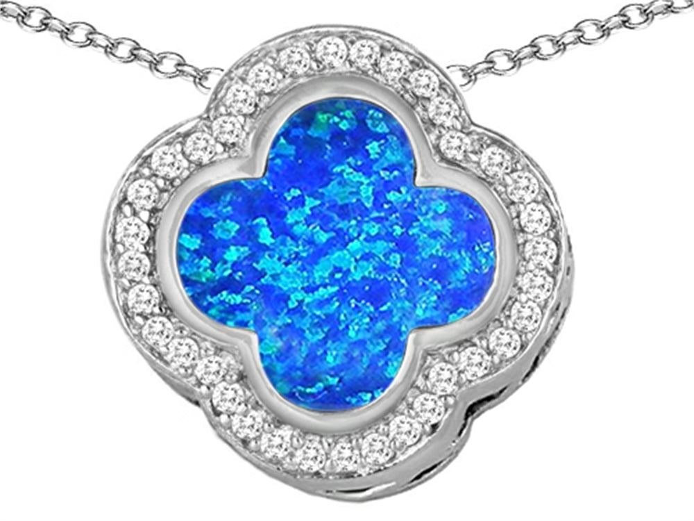 Star K Large Clover Pendant Necklace with 12mm Clover Cut Blue Created Opal