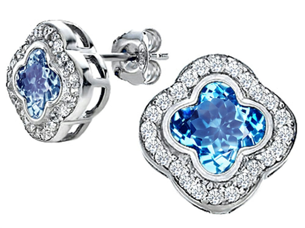 Star K Clover Earrings Studs with 8mm Clover Cut Simulated Blue Topaz