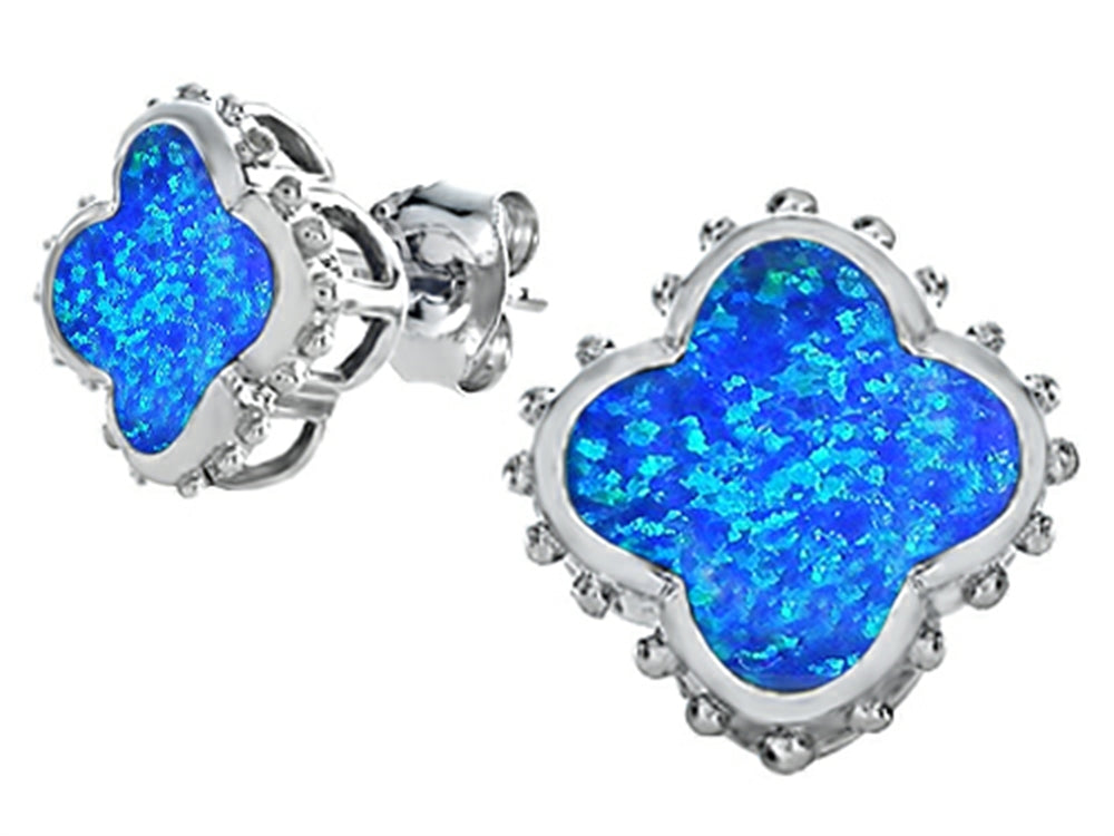 Star K Clover Earrings Studs with 8mm Clover Cut Blue Created Opal