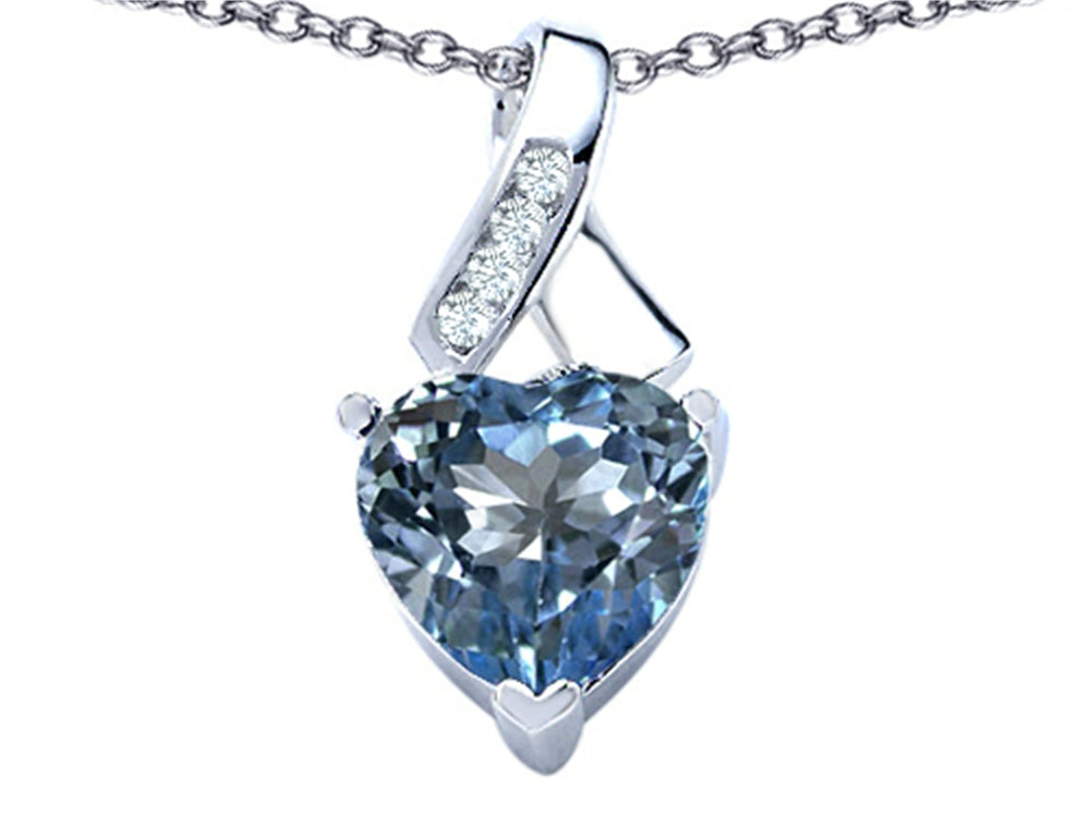 Star K 8mm Heart Shape Simulated Aquamarine Ribbon Pendant Necklace
