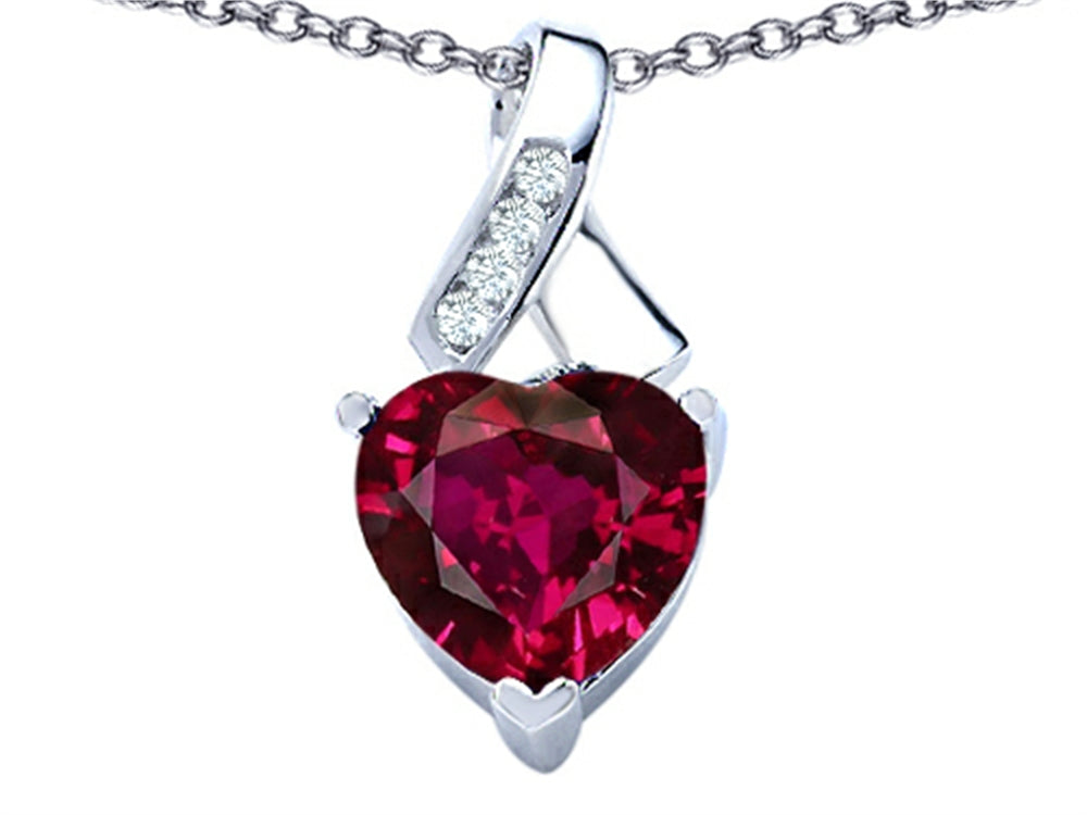 Star K 8mm Heart Shape Created Ruby Ribbon Pendant Necklace